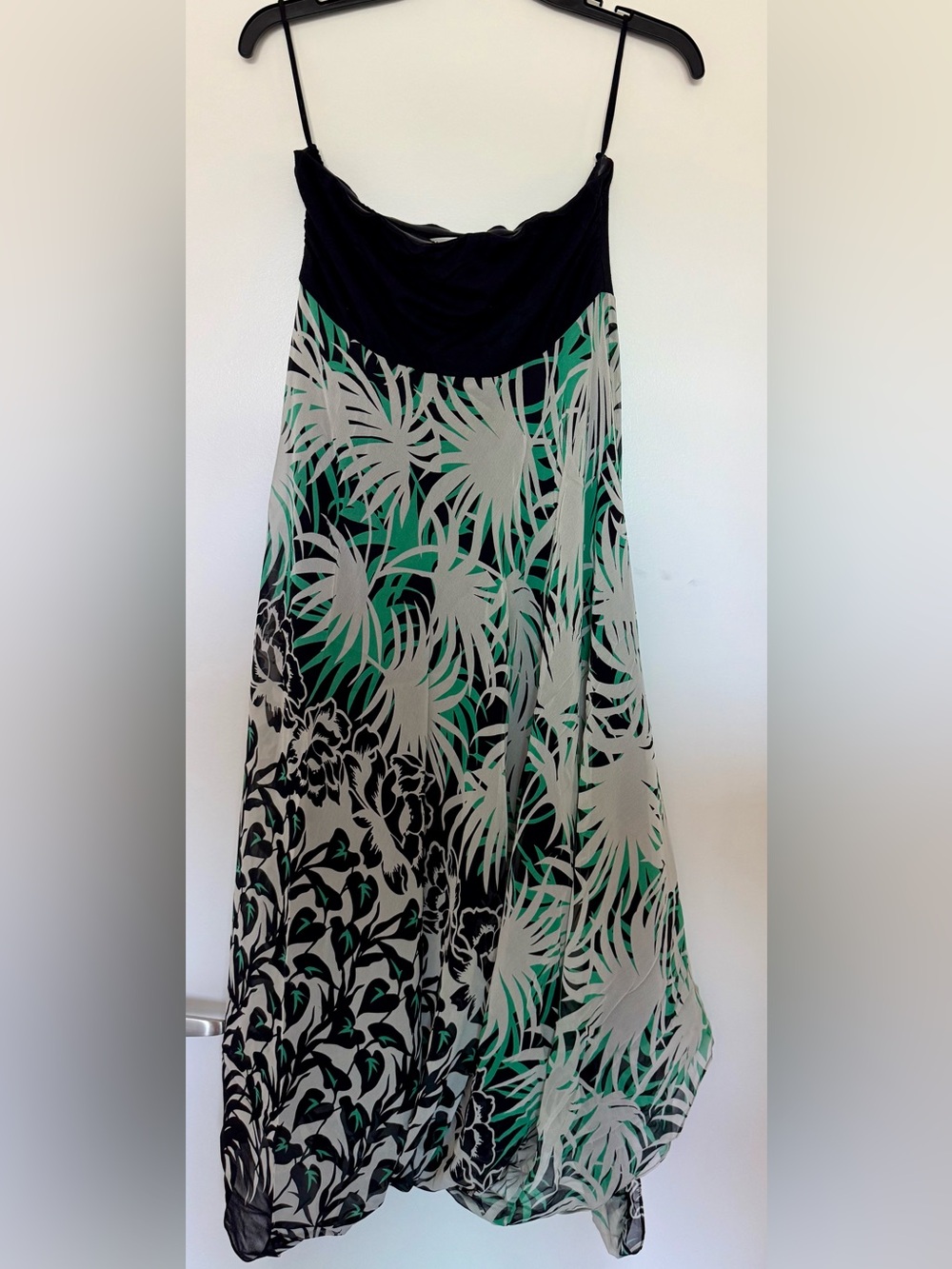 Silk Strapless midi/maxi dress with Green and Black Tropical Print. Worn once!